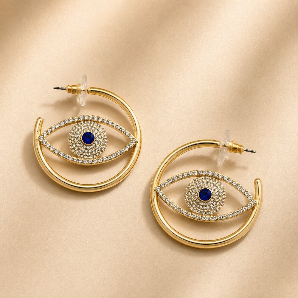 BaubleBar Pave Evil Eye Gold Hoop Earrings Clear Crystal NWT Minimalist